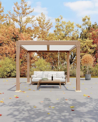 GarveeLife Louvered Pergola 10 ft x10', Outdoor Pergola with Adjustable Louvered Roof, Reinforced Aluminum Frame, Integrated Drainage System, Hardtop Gazebo for Patio, Deck, Wood Grain
