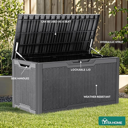 YITAHOME 100 Gallon Resin Deck Box | Weather Resistant Outdoor Storage Box, Lockable Indoor Outdoor Storage for Supplies and Essentials, Dark Gray