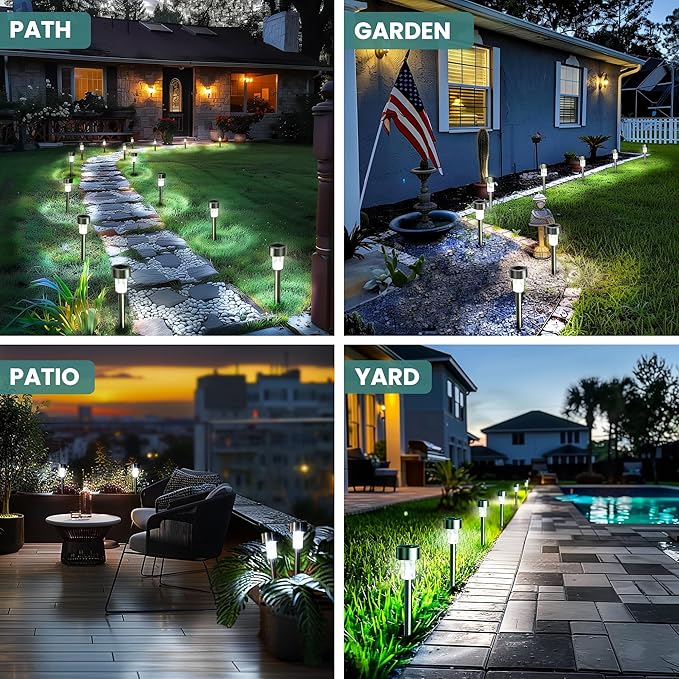 GIGALUMI 24 Pack Solar Lights Outdoor Waterproof,Stainless Steel LED Solar Garden Lights, Solar Pathway Lights Outdoor, Outdoor Solar Lights for Yard, Patio, Lawn and Landscape(Cold White)
