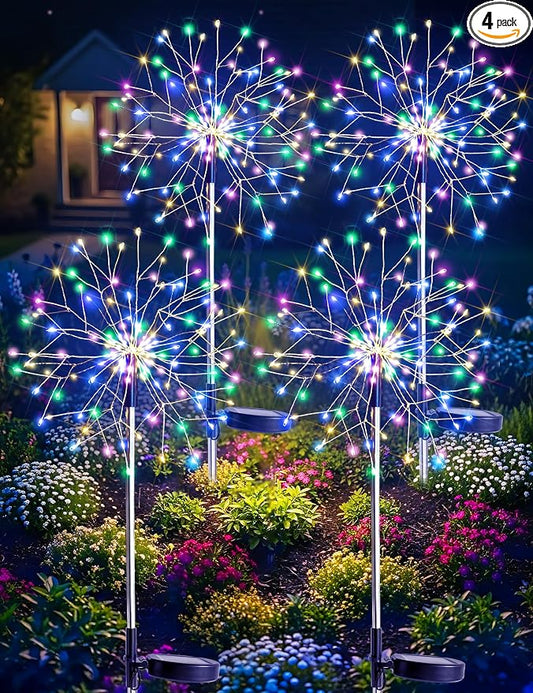 suddus Solar Garden Lights Outdoor Waterproof Decorative, 4Pack 150LED Multicolor Firework Lights 8 Modes, Solar Fairy Lights for Yard, Patio, Pathway, Balcony Planter Flowerbed Party Outside Decor