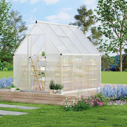 CABIHOME 8x12 FT Outdoor Greenhouse, Polycarbonate Greenhouse with Roof Vent and Ground Nails, Aluminum Large Walk-in Green House w/ Lockable Push Door for Outdoor Garden (Silver, 6x7 FT)