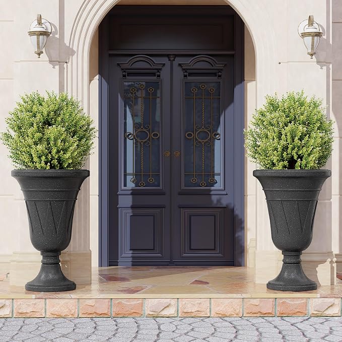 23" Tall Planters for Outdoor Plants Set of 2, Planter with Drainage Holes and Trophy Design, Large Outdoor Planters for Porch, Garden, Black