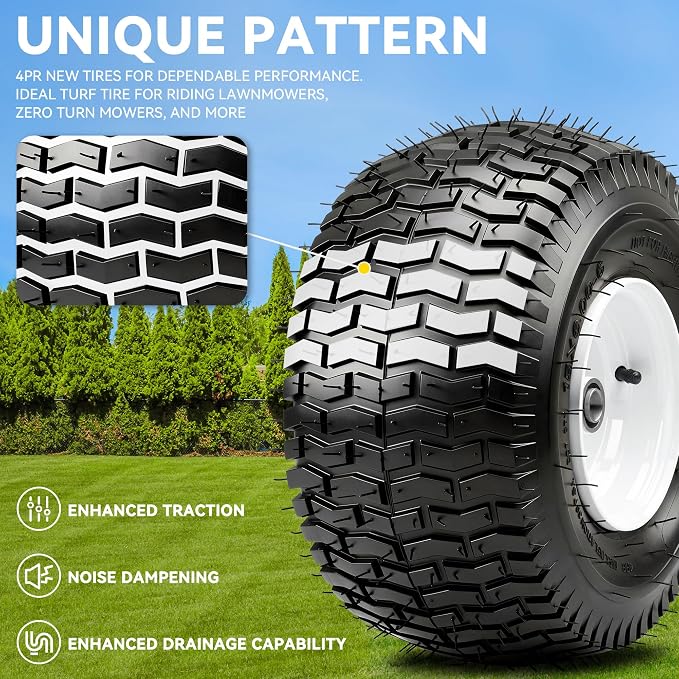 YITAMOTOR 15x6.00-6 Lawn Mower Tires & Wheel Assemblies, 4 Ply Pneumatic Front Tires Replacement Fits John Deere, Lawn Tractors, More Riding Mowers | 3" Centered Hub, 3/4" Bearings, 570LBS (Set of 2)