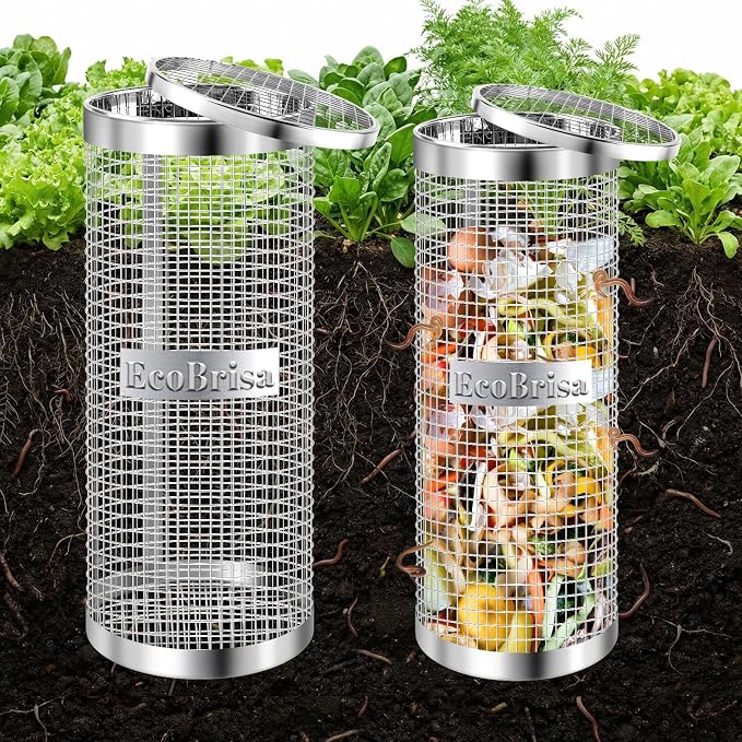 Underground Worm Composting Bin, Metal Compost Bin for Recycling Kitchen Food Waste, Outdoor Worm Compost Bin with Holes and Lid Use in Outdoor Garden Vegetable Patch Backyard (Silvery 2pcs)