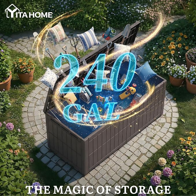 YITAHOME XXL 240 Gallon Extra Large Deck Box | Waterproof Resin Outdoor Storage Box with Lock and 3-Person Bench Seating for Patio Furniture Cushions,Garden Tools & Pool