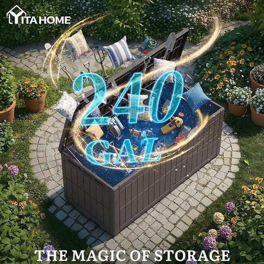 YITAHOME XXL 240 Gallon Extra Large Deck Box | Waterproof Resin Outdoor Storage Box with Lock and 3-Person Bench Seating for Patio Furniture Cushions,Garden Tools & Pool