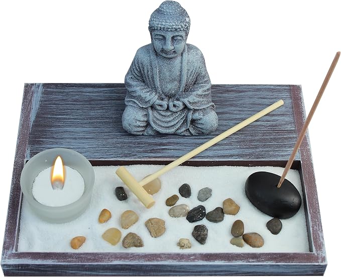 Zen Garden Deluxe Desk Meditation Garden Grey Buddha Statue with Rocks, Tea Light Holder, Rake, Incense and Incense Holder, Sand and Base - Peace & Tranquility (Candle Not Included)