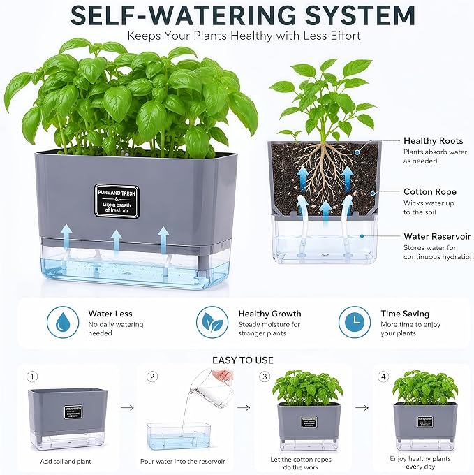Self Watering Planters 4 Pack, 7 Inch Rectangle Plant Pots with Visible Water Reservoir, Indoor Outdoor Herb Planter Boxes for Windowsill，African Violets，Succulents，Flowers，Kitchen，Office，Balcony Gray