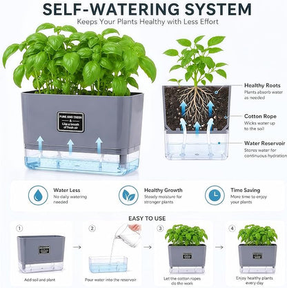 Self Watering Planters 4 Pack, 7 Inch Rectangle Plant Pots with Visible Water Reservoir, Indoor Outdoor Herb Planter Boxes for Windowsill，African Violets，Succulents，Flowers，Kitchen，Office，Balcony Gray