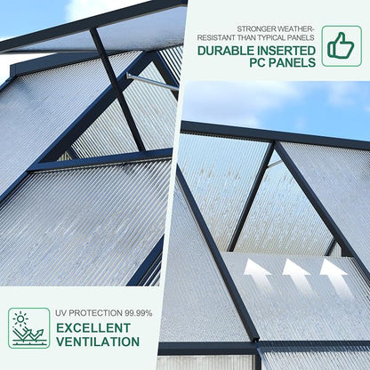 CABIHOME 8x12 FT Outdoor Greenhouse, Polycarbonate Greenhouse with Roof Vent and Ground Nails, Aluminum Large Walk-in Green House w/ Lockable Push Door for Outdoor Garden (Black, 6x11 FT)