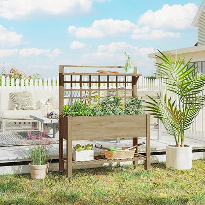 Outsunny 41" Raised Garden Bed with Trellis on Wheels, Wooden Elevated Planter Box with Legs and Bed Liner, for Flowers, Herbs & Vegetables, Dark Brown