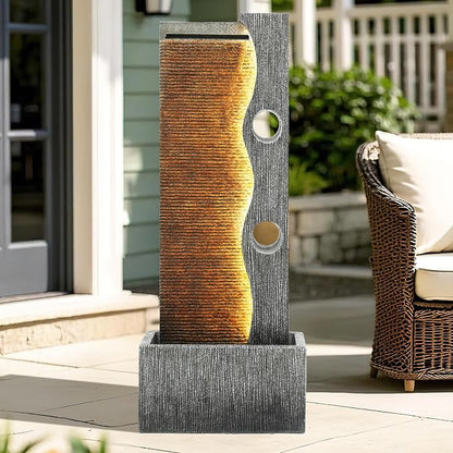 39.4" Zen Faux Slate Outdoor Water Fountain LED Cascading Waterfall | Polyresin Stone faux slate texture, patio backyard garden, Deck or Porch, Housewarming Gift