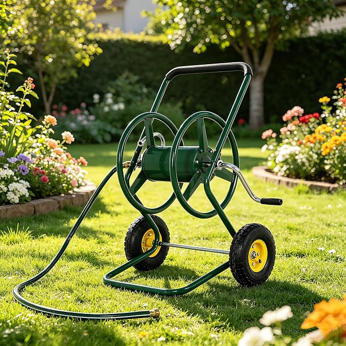 Hose Reel Cart, 250FT 5/8" All-Terrain Mobile Water Hose Truck, Heavy-Duty Rust-Proof Iron Frame Industrial Garden Cart for Outdoor Lawn Yard & Car Washing