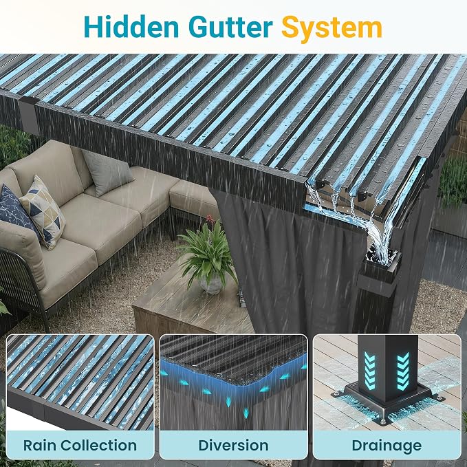 12' x 20' Louvered Pergola, Outdoor Pergola with Curtains & Netting, Aluminum Frame Patio Pergola with Adjustable Louvers Roof & Gutter System, Hardtop Gazebo for Patio, Deck, Garden, Yard, Dark Gray