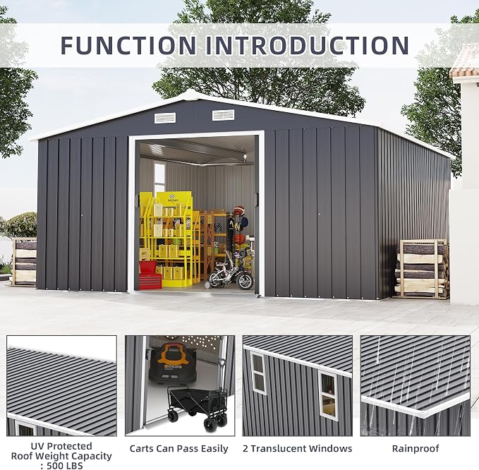 10x12 FT Outdoor Storage Shed Metal Garden Tool Shed with 2 Windows,Waterproof Tool Shed W/Sliding Door & Vents,for Bike Storage,Dark Gray