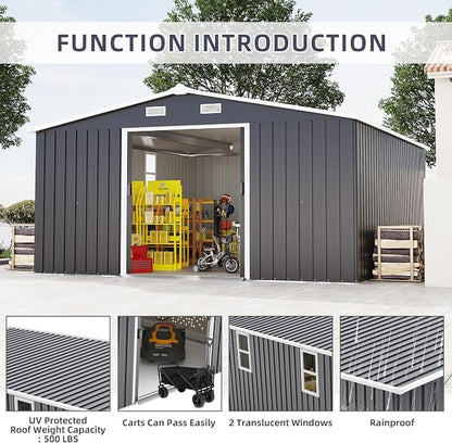 10x12 FT Outdoor Storage Shed Metal Garden Tool Shed with 2 Windows,Waterproof Tool Shed W/Sliding Door & Vents,for Bike Storage,Dark Gray