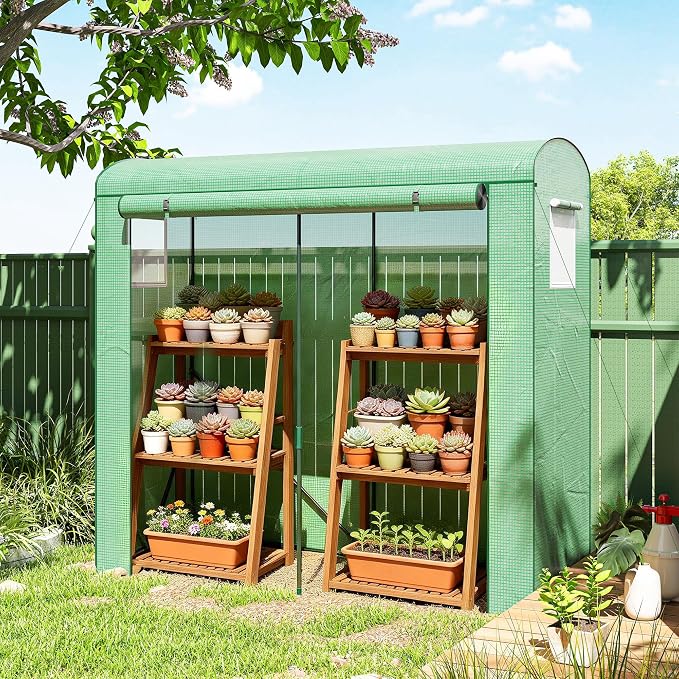 Outsunny Mini Greenhouse, Portable Greenhouse with Roll-Up Door and 2 Mesh Windows, Small Green House with PE Cover for Garden Patio Lawn, 78.7" x 29.5" x 74", Green