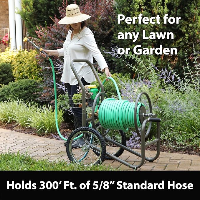 Liberty Garden 880-2 Industrial 2-Wheel Pneumatic Tires Garden Hose Reel Cart - Gray & Arm Navigator Multi-Directional Garden Hose Reel, Holds 125-Feet of, 5/8-Inch, Bronze