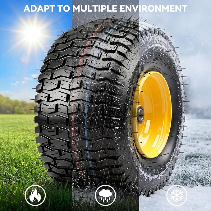 YITAMOTOR 15x6.00-6 Flat Free Lawn Mower Tires & Wheel Assemblies, 4 Ply Pneumatic Front Tires Replacement Fits John Deere, Lawn Tractors, More Riding Mowers | 3" Offset Hub, 3/4" Bearings (2 Pack)