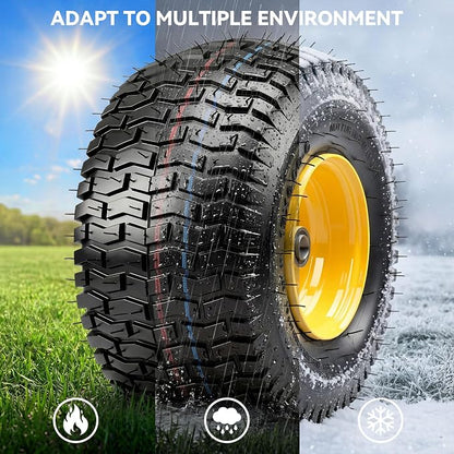 YITAMOTOR 15x6.00-6 Flat Free Lawn Mower Tires & Wheel Assemblies, 4 Ply Pneumatic Front Tires Replacement Fits John Deere, Lawn Tractors, More Riding Mowers | 3" Offset Hub, 3/4" Bearings (2 Pack)