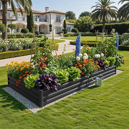 YITAHOME 4pcs 8x4x1ft Galvanized Raised Garden Bed, Metal Planter Box with Safety Rubber, Gloves, Outdoor Flower Bed for Planting Plants Vegetables, Black