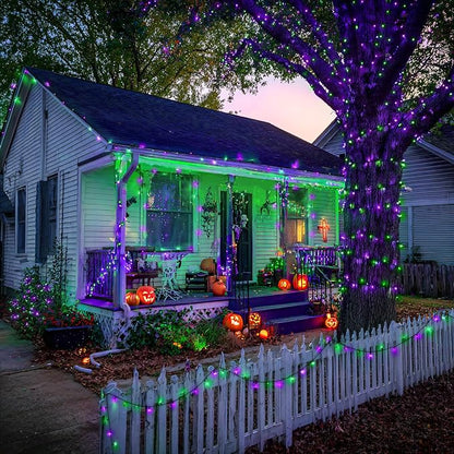 JMEXSUSS 2 Pack Solar Halloween Lights, Tot. 400LED 151FT, Purple and Green | Outdoor Waterproof, 8 Modes Solar String Lights for Outside Patio Yard Garden Tree Decorations