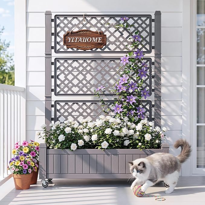 YITAHOME 3.6x1.5x5 FT Planter Box Trellis with Wheels, Large Outdoor Plastic Raised Garden Bed with Drain Plug for Climbing Plants, Light Brown