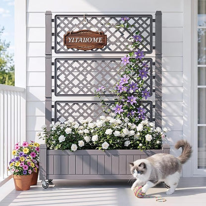 YITAHOME 43.3x17.7x61 in Planter Boxes Outdoor with Trellis, Resin Raised Garden Bed with Wheels & Drain Plug for Climbing Plants, Weather-Resistant Design Elevated Garden Bed with Trellis, Brown