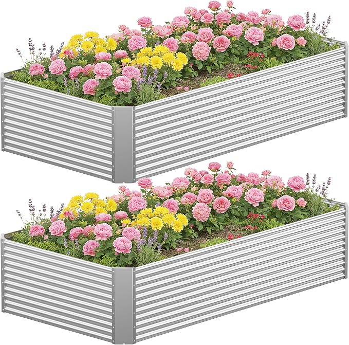 2 Pcs 8 x 4 FT x 1.5 FT Galvanized Steel Raised Garden Bed – Outdoor Planter Box for Root Vegetables, Herbs & Flowers, Large Metal Garden Beds for Backyards, Terraces and Balconies