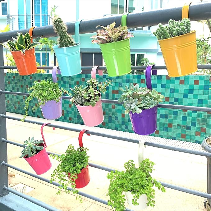 LaLaGreen Colorful Rail Planter (4 in, 10 Pack) Metal Fence Railing Pot | Rail planters for balcony, apartment, patio, porch, deck, over rail, herb, succulent, flower boxes, outdoor plants