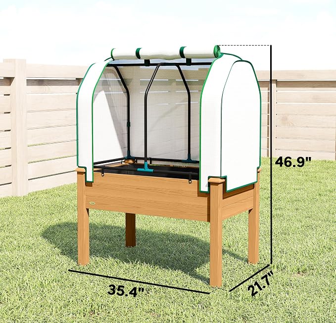 Outsunny Raised Garden Bed with PE Greenhouse Cover Outdoor Elevated Wood Planter Box for Herbs and Vegetables, Use for Patio, Backyard, Balcony, 35 x 22 x 47 inch, Sand