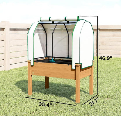 Outsunny Raised Garden Bed with PE Greenhouse Cover Outdoor Elevated Wood Planter Box for Herbs and Vegetables, Use for Patio, Backyard, Balcony, 35 x 22 x 47 inch, Sand