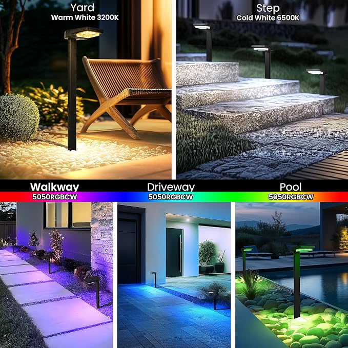 AUDERWIN Solar Pathway Lights Outdoor, Smart Color Changing with 9-in-1 (Warm White/Cool White/RGBCW) Modes,Bright Landscape Lighting Waterproof for Walkway,Garden,Driveway,Yard,Patio(6pack)