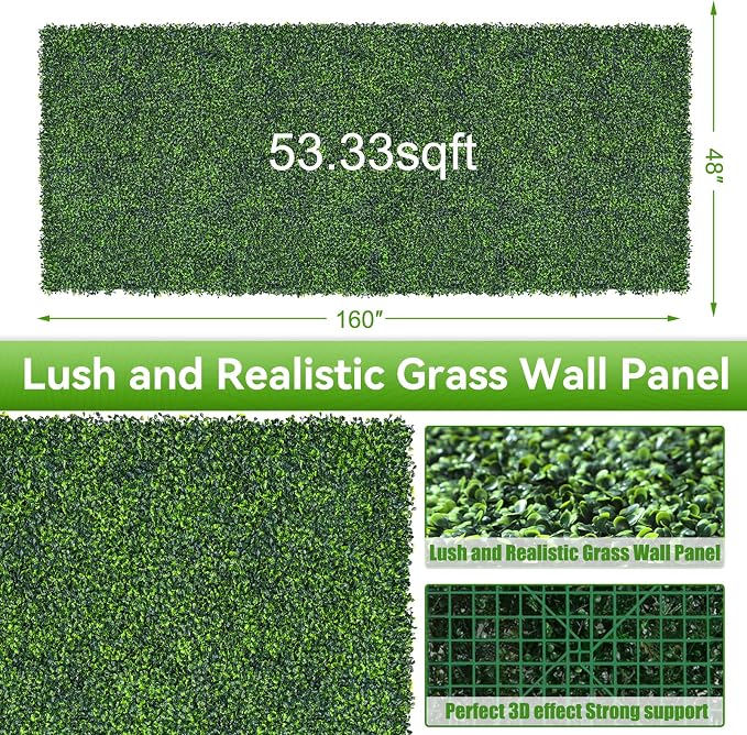 Artificial Boxwood Roll, 48x160 in (54 sqft) UV-Anti Faux Ivy Grass Wall Backdrop for Balcony Privacy, Fake Grennery Wall Decor for Garden, Patio, Backyard