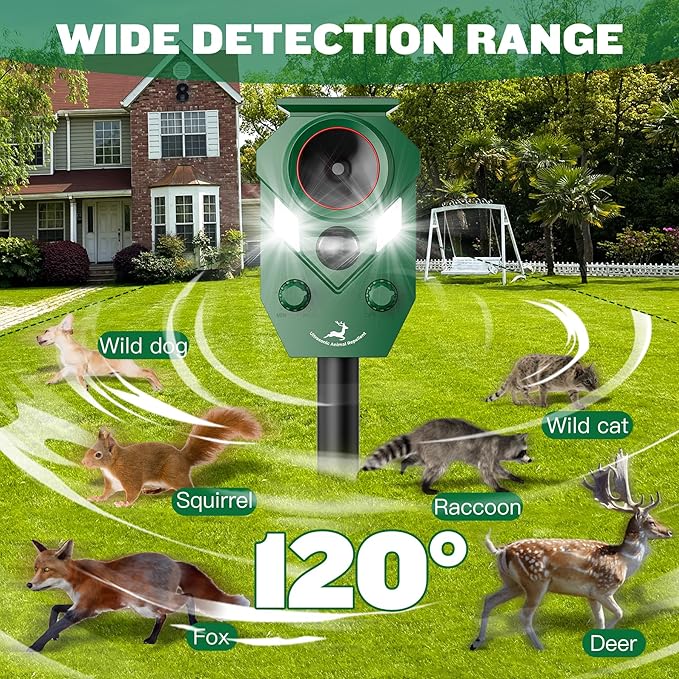 Solar-Powered Ultrasonic Animal Repellent 4 Packs, Waterproof Cat Deterrent with LED Flashing Lights and Motion Sensor for Outdoor Yard, Effective to Repel Cats, Coyotes, Raccoons, and Deer
