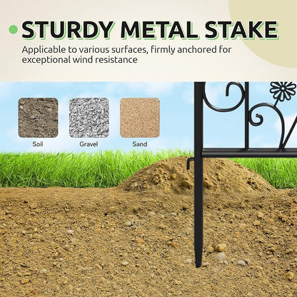4-Pack 87" x 20" Bird and Daisy Arch Black Metal Garden Trellises | Set of 4 rust-resistant trellises with bird, daisy, leaf, and scrollwork details, spikes, and support for roses or vines