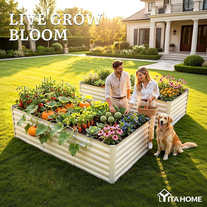 YITAHOME 2pcs 8x4x2ft Large Raised Garden Bed Kit, Galvanized Metal Planter Box with Gloves & Safety Rubber, Outdoor Above Ground Planters for Plants Vegetables Flowers, Cream Yellow