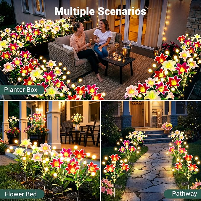 Upgraded Solar Garden Lights Outdoor: 4 Pack 2-in-1 Solar Lily Flower Lights with Swaying Firefly Lights & Glowing Stems, Brighter Waterproof Solar Garden Decor for Yard Patio, Unique Gifts