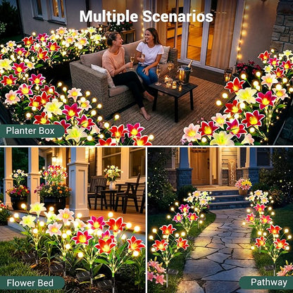 Upgraded Solar Garden Lights Outdoor: 4 Pack 2-in-1 Solar Lily Flower Lights with Swaying Firefly Lights & Glowing Stems, Brighter Waterproof Solar Garden Decor for Yard Patio, Unique Gifts