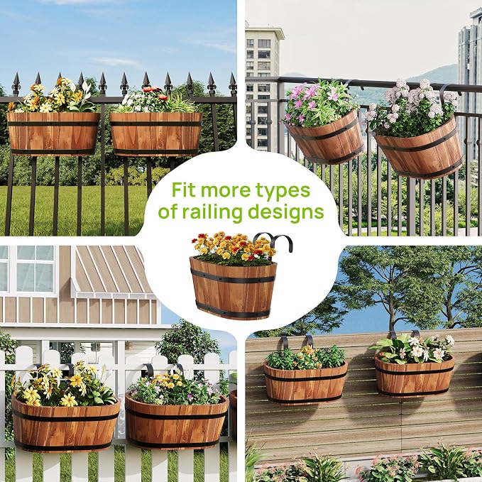 2PACK Wooden Cute Hanging Flower Pots for Railing Fence Outdoor Planter Railing Planter Boxes for Plants Wall Planters Window Flower Box Hanging Bucket Pots Countryside plant Holder (Brown,2pcs,Large)