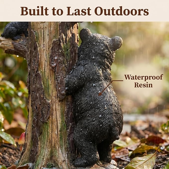 Solar Black Bear Family Garden Statue with Welcome Sign – 19" Hand-Painted Resin Bear Cubs Climbing Tree, Auto On/Off LED Light, Outdoor Yard Lawn Patio Decor, Housewarming Christmas Birthday Gift