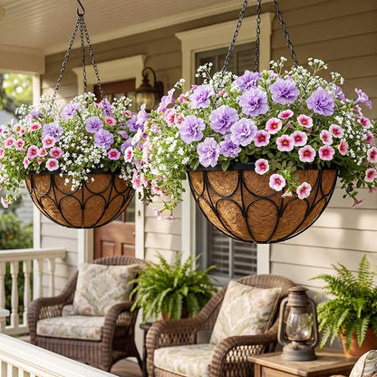 4 Pack 12 Inch Hanging Planters for Outdoor Plants，Large Wire Flower Hanging Basket with Coco Liners for Balconies, Patios, Porch, Terraces Decor
