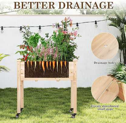 Raised Garden Bed with Lockable Wheels, 32x16x32 inch Elevated Wood Planter with Protective Liner for Vegetable Flower Herb Outdoor Balcony Patio Backyard, Natural