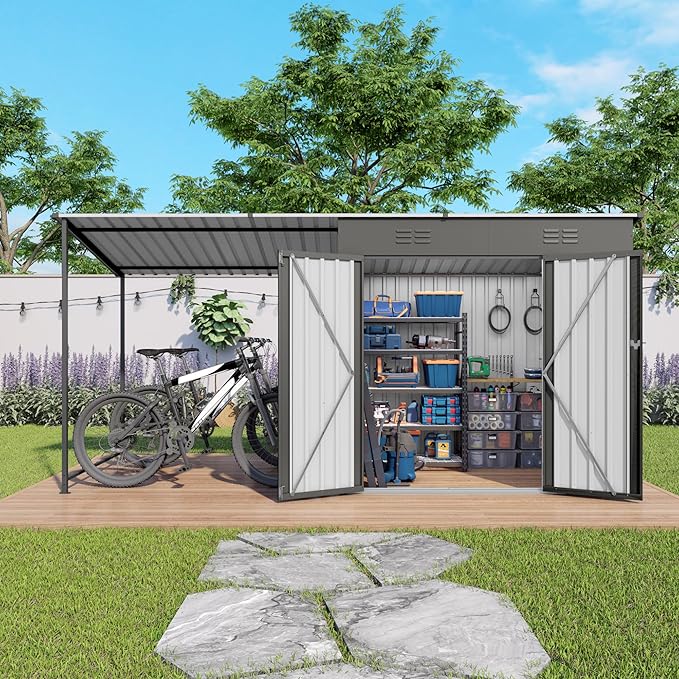 YOPTO 12x4 FT Metal Lean to Shed with Open-Sided Pergola,4x6 FT Outdoor Storage Shed & 6x4 FT Attached Hardtop Gazebo Combo,2-in-1 Durable Garden Tool Shed for Patio, Backyard, Deck,Gray