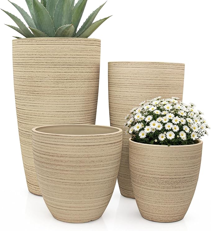 ZMTECH 4 Pack Plastic Planters 24/21/12/10 in, Beige Faux Stone Finish Round Flower Pots with Drainage Holes & Saucers, Large Tall Plant Pots for Indoor Outdoor, Patio Garden Decor, Plant Containers