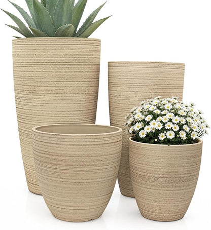 ZMTECH 4 Pack Plastic Planters 24/21/12/10 in, Beige Faux Stone Finish Round Flower Pots with Drainage Holes & Saucers, Large Tall Plant Pots for Indoor Outdoor, Patio Garden Decor, Plant Containers