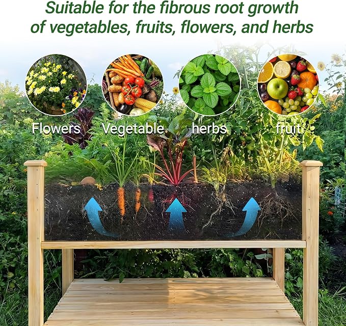 48 x 23 x 31 Inches Raised Garden Bed with Legs, Elevated Wooden Planter Box for Outdoor Plants with Water Collection Tray, Storage Shelf, Protective Liner, Natural