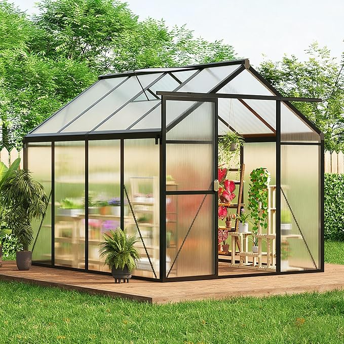6x8 FT Greenhouse, Easy Assembly Aluminum Polycarbonate Greenhouses for Outdoors with Roof Vent, Large Aluminum Walk-in Greenhouse for Sunroom Patio, Backyard, Garden, Sliding Lockable Door, Black