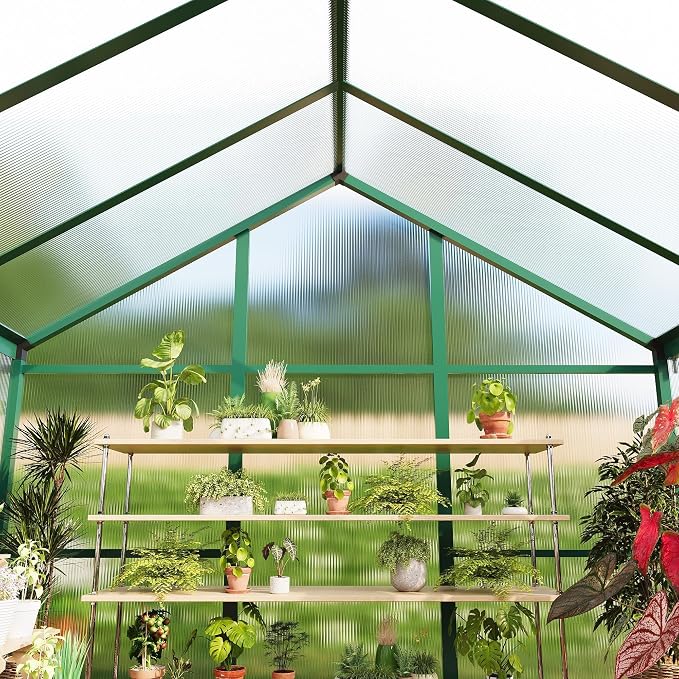 8x12 FT Greenhouse, Easy Assembly Aluminum Polycarbonate Greenhouses for Outdoors with Roof Vent, Large Aluminum Walk-in Greenhouse for Sunroom Patio, Backyard, Garden, Sliding Lockable Door, Green