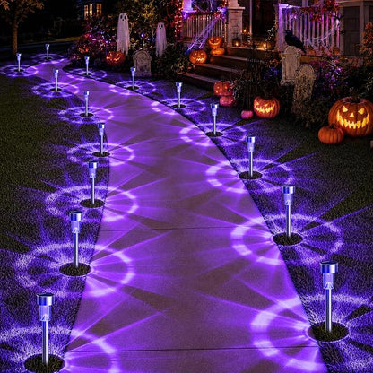 GIGALUMI Purple Solar Pathway Lights, 12-Pack Outdoor Halloween Decor | Waterproof LED stainless stakes for yard, garden, driveway, walkway. Purple glow creates spooky atmosphere.